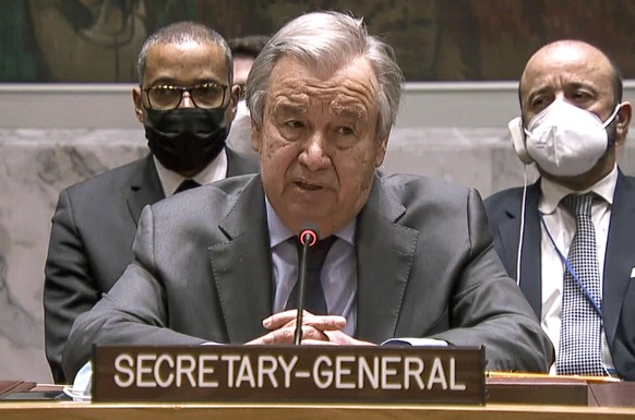 In this image taken from UNTV video, United Nation Secretary-General Antonio Guterres addresses an emergency meeting of the U.N. Security Council on Ukraine to deplore Russia&#039;s actions toward the ...