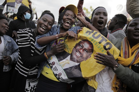 Supporters of Deputy President and presidential candidate William Ruto celebrate his victory over opposition leader Raila Odinga in Eldoret, Kenya, Monday, Aug. 15, 2022. Ruto received 50.49% of the v ...