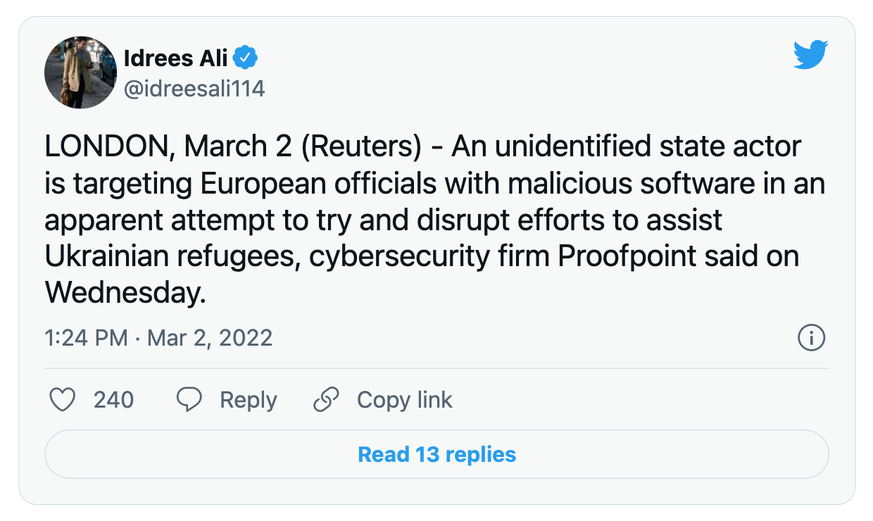 Anfang März gab es Malware-Attacken auf europäische Behörden, wobei gezielt Verantwortliche angegriffen wurden, die sich um Hilfsleistungen kümmerten für Kriegsflüchtlinge.