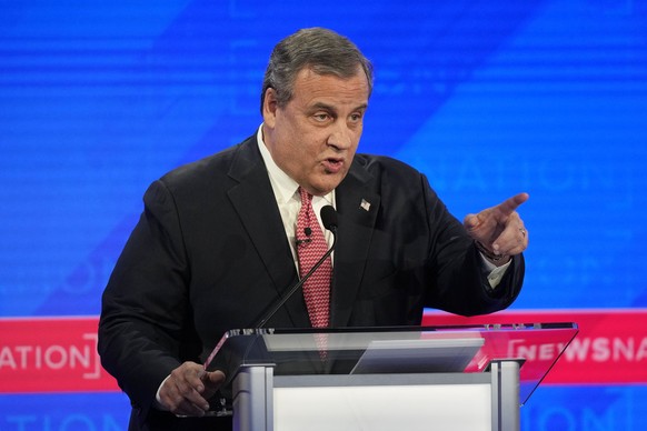 FILE - Republican presidential candidate former New Jersey Gov. Chris Christie gestures during a Republican presidential primary debate hosted by NewsNation, Dec. 6, 2023, at the Moody Music Hall at t ...