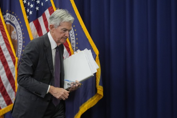 Federal Reserve Chairman Jerome Powell walks off after speaking during a news conference following the Federal Open Market Committee meeting, Wednesday, July 30, 2025, in Washington. (AP Photo/Manuel  ...