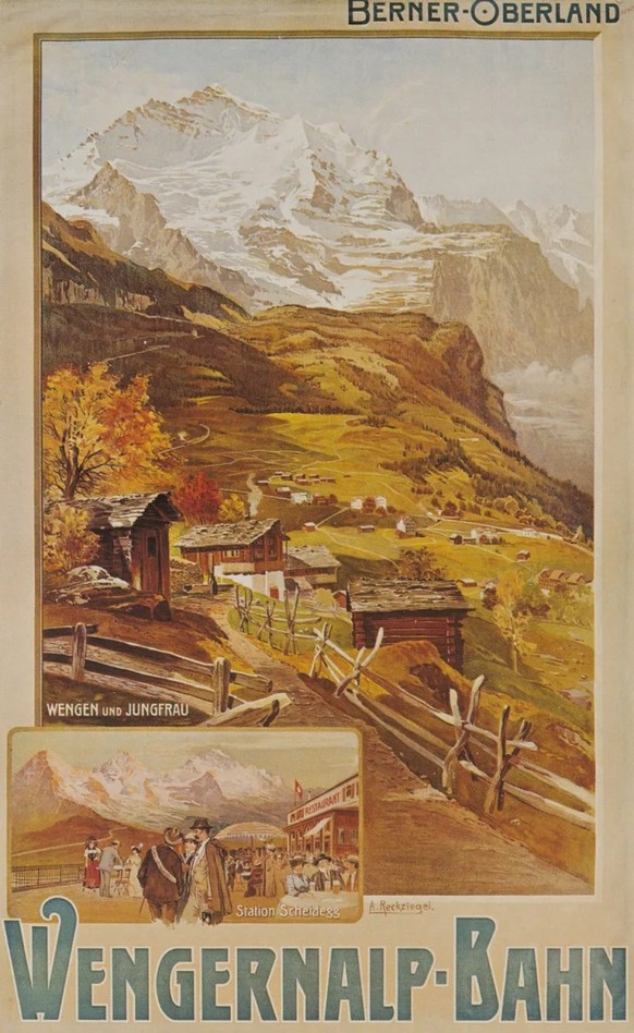 Das Dorf Wengen und die Wengernalp-Bahn, Tourismusplakat von Anton Reckziegel, 1903. Das Plakat zeigt das Dorf als naturbelassen und in alpin-idyllischer Landschaft eingebettet. Das kleinere Bild deut ...