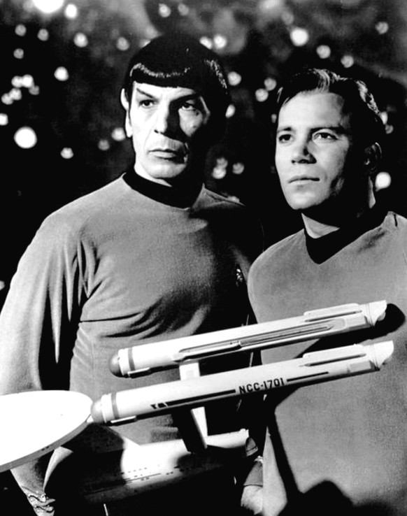 Publicity photo of Leonard Nimoy and William Shatner as Mr. Spock and Captain Kirk from the television program Star Trek.