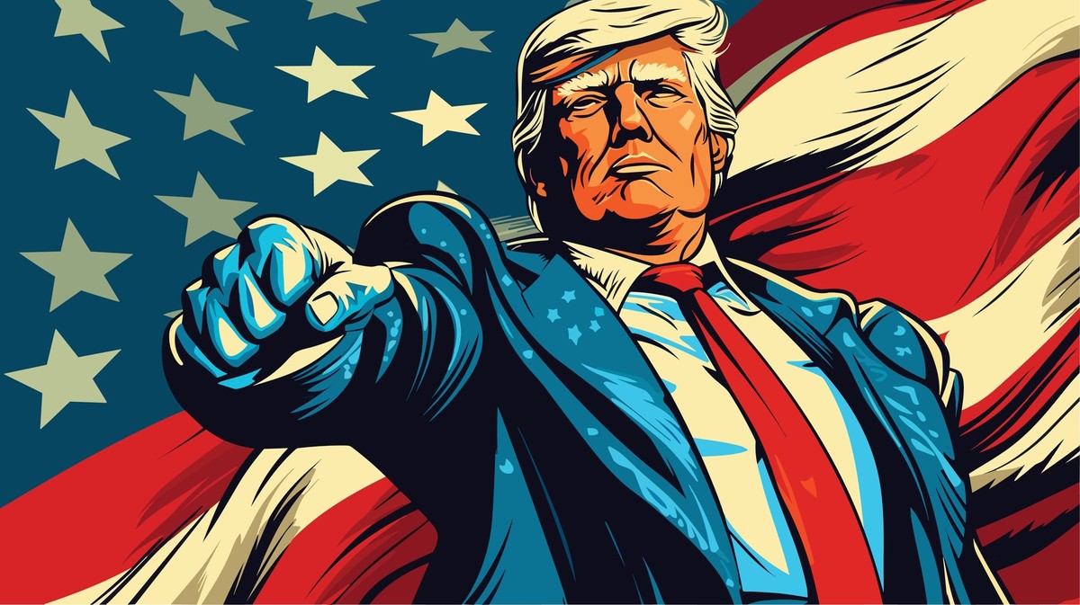 Donald Trump als Illustration vor einer USA-Flagge