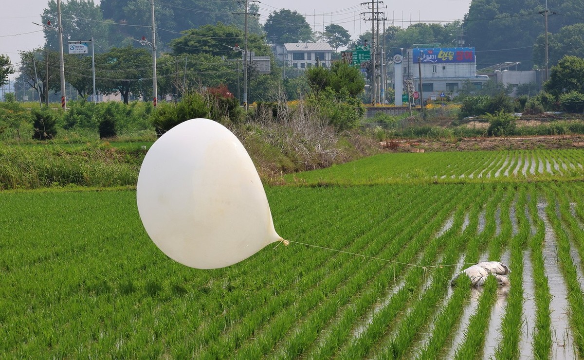epa11401683 A trash-carrying balloon, flown by North Korea overnight, lands at a rice paddy field in the northwestern border county of Ganghwa, South Korea, 10 June 2024. South Korea's Joint Chie ...