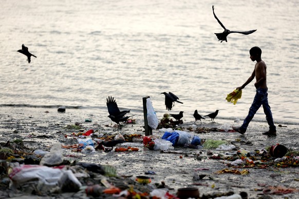 epaselect epa05894873 Crows search for food items between waste meterial from offerings by devotees on the banks of Ganges river next to Howrah Bridge in Calcutta, Eastern India, 07 April 2017. Indian ...