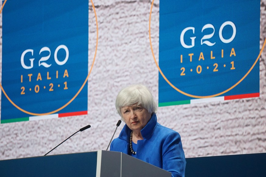 epa09336559 US Secretary of Treasury Janet L. Yellen holds a press conference during the G20 finance ministers and central bankers meeting in Venice, northeastern Italy, 11 July 2021. EPA/ANDREA MEROL ...