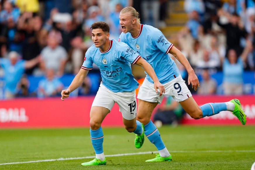 30th July 2022 The King Power Stadium, Leicester, Leicestershire, England FA Community Shield, Liverpool versus Manchester City Erling Haaland and Julian Alvarez of Manchester City celebrate Alvarez&a ...