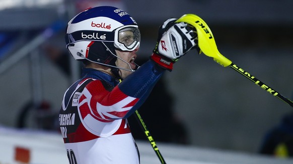 Britain's Dave Ryding reacts after completing an alpine ski, men's World Cup slalom, in Zagreb, Croatia, Thursday, Jan. 4, 2018. (AP Photo/Giovanni Auletta)