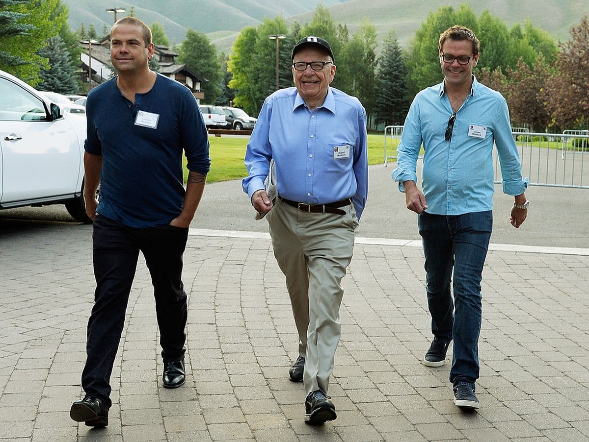 SUN VALLEY, ID - JULY 10: Media mogul Rupert Murdoch (C) executive chairman of News Corporation and chairman and CEO of 21st Century Fox; James Murdoch, (R) son of Rupert Murdoch and the deputy chief  ...