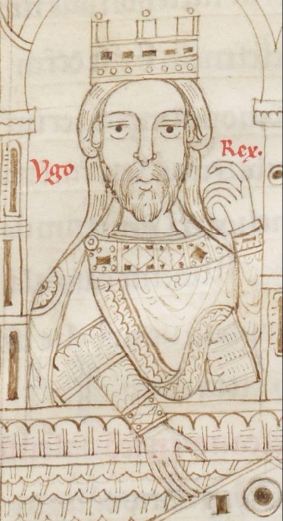 Hugo I. (reg. 926–947), der König von Italien, wie dargestellt im Chartular des Klosters San Clemente, 12. Jahrhundert.
https://en.wikipedia.org/wiki/File:Ugo_rex.png