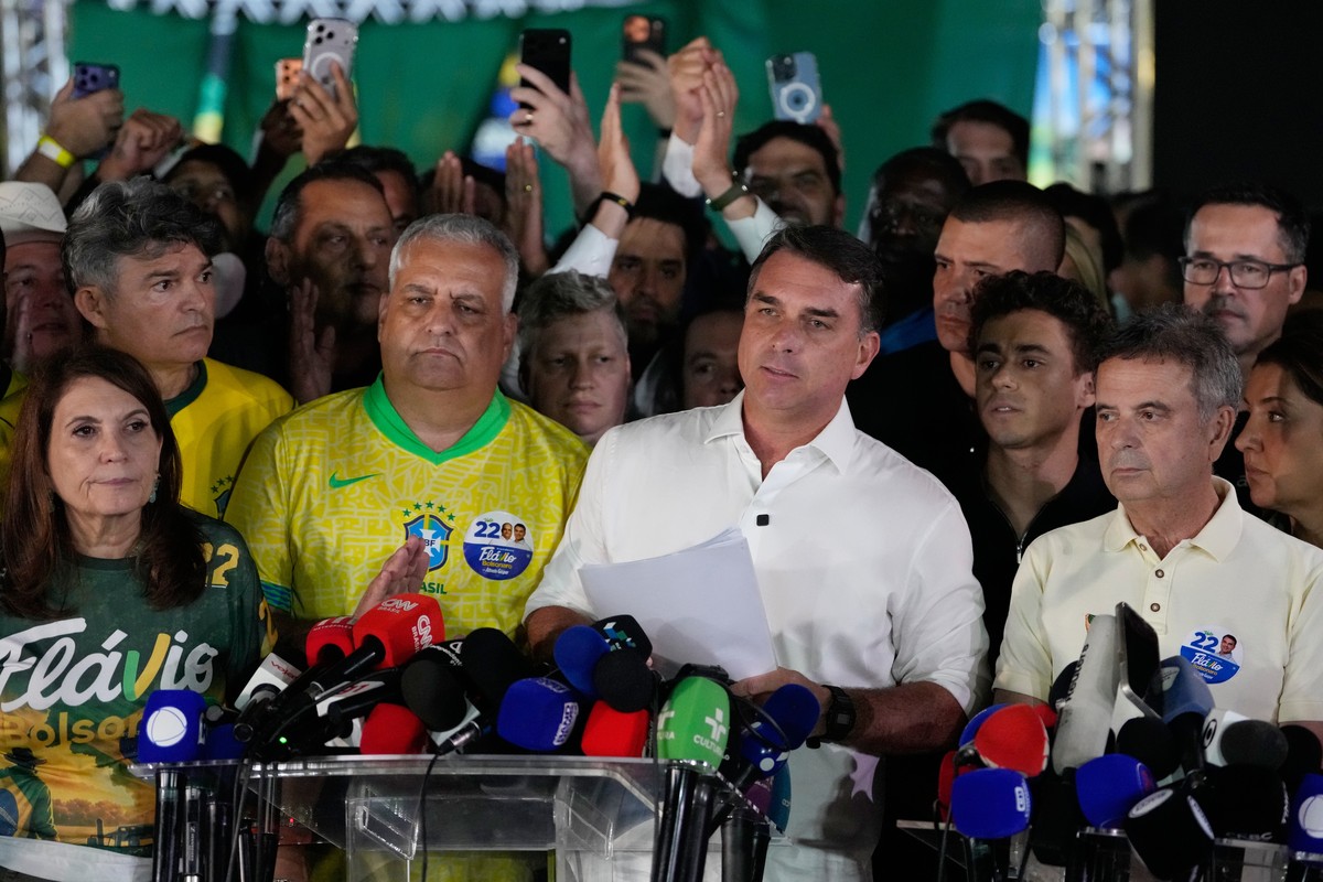 FILE - Opposition presidential candidate Sen. Flavio Bolsonaro speaks after the presidential election runoff in Brasilia, Brazil, Oct. 25, 2026. (AP Photo/Eraldo Peres, File)
Brazil Elections Amazon R ...