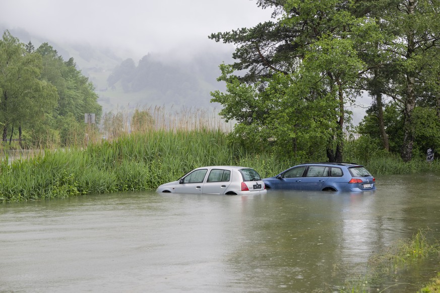 Eine Ente schwimmt auf dem Parkplatz beim Campingplatz in Seewen am Lauerzersee im Kanton Schwyz w�hrend eines Hochwasser am Montag, 3. Juni 2024. (KEYSTONE/Urs Flueeler).