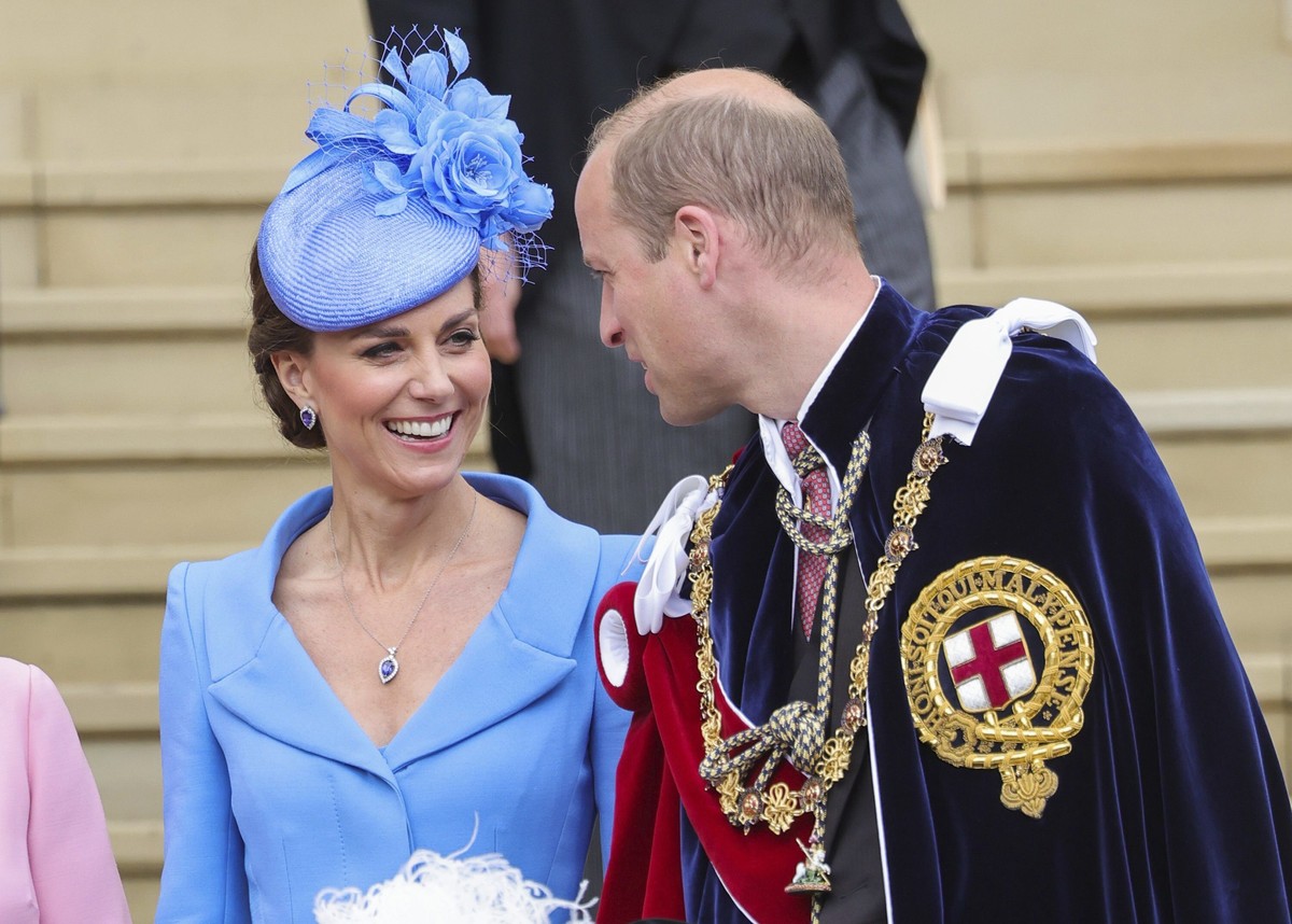 Britain's Kate, Duchess of Cambridge and Prince William attend the Order of the Garter service at Windsor Castle, in Windsor, England, Monday, June 13, 2022. The Order of the Garter is the oldest ...