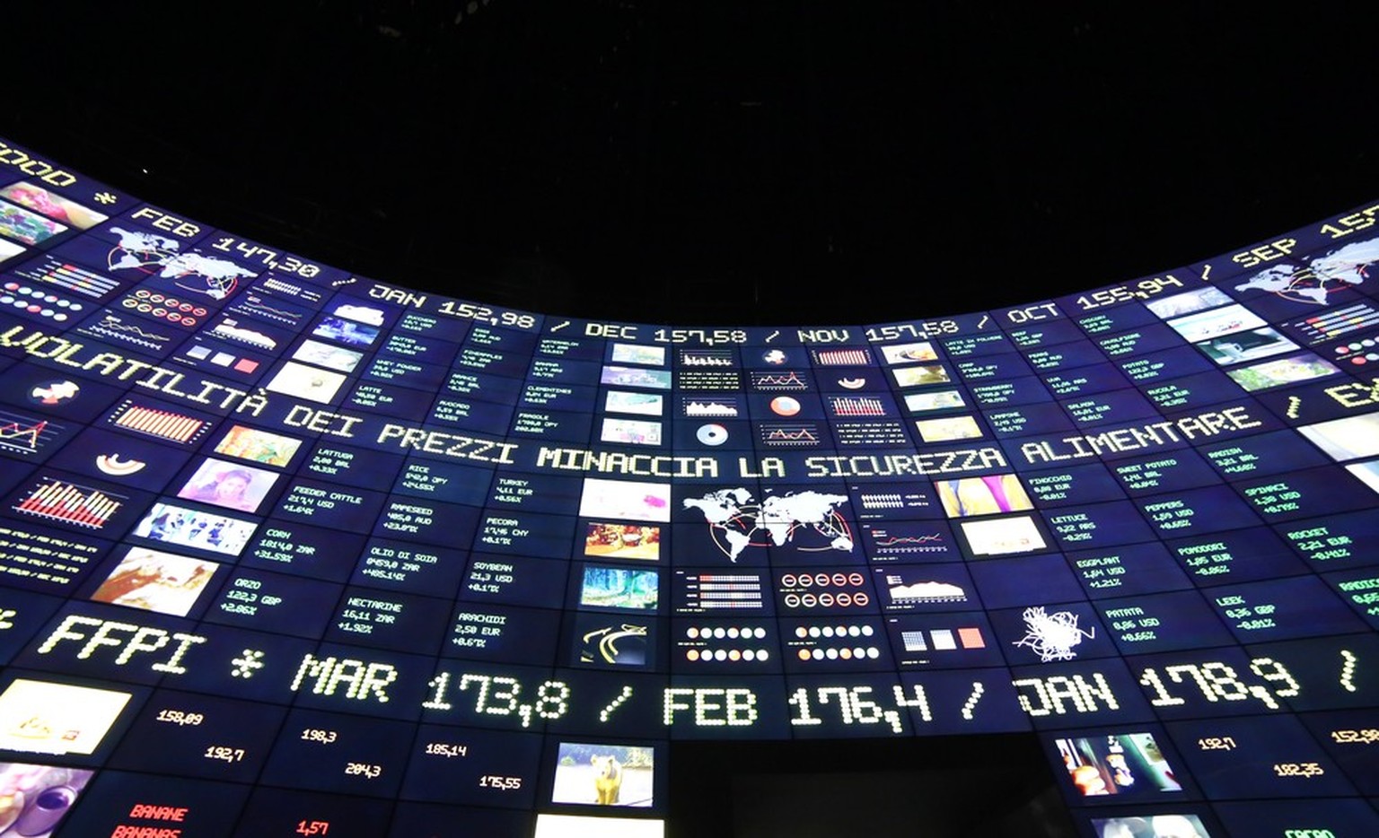 Milan, Italy - 8th September, 2015. Expo Milan 2015 Universal Exposition. Big monitor in the Zero Pavilion. Stock market of food.