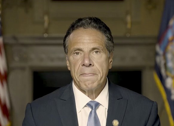 In this image taken video provided by Office of the NY Governor, New York Gov. Andrew Cuomo makes a statement on a pre-recorded video released, Tuesday, Aug. 3, 2021, in New York. An investigation int ...
