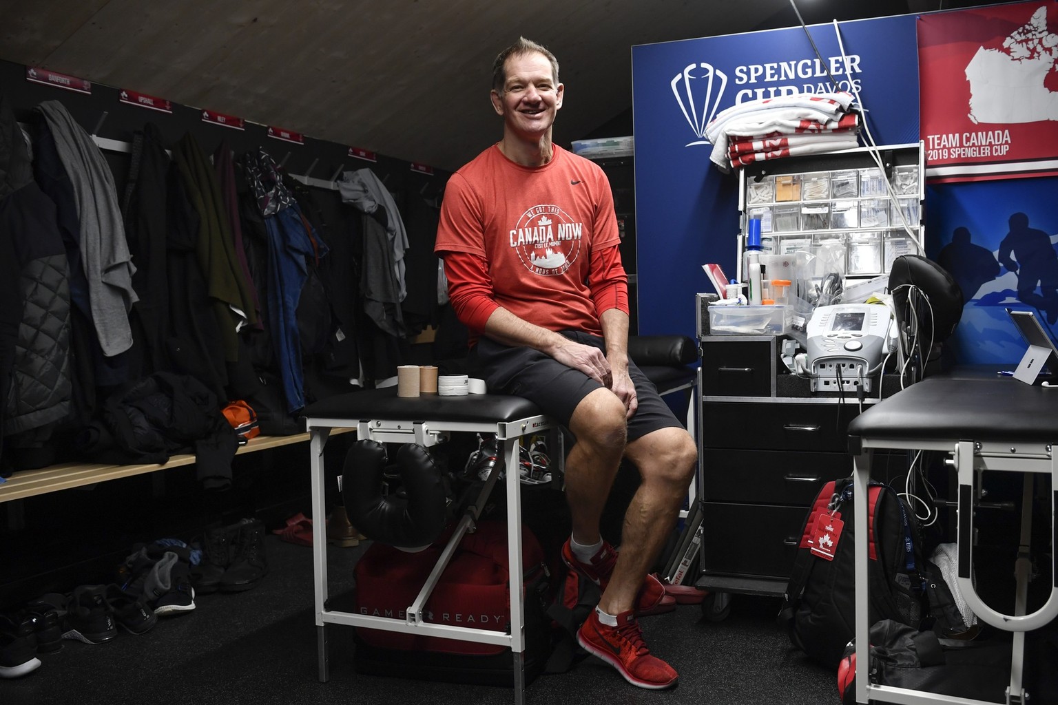 Andy Hueppi, staff member of Team Canada, poses in the locker room, at the 93th Spengler Cup ice hockey tournament in Davos, Switzerland, Monday, December 30, 2019. (KEYSTONE/Gian Ehrenzeller)