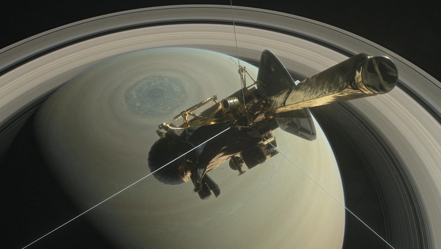 epa06205586 (FILE) - An undated handout photo made available by NASA shows an illustration of NASA&#039;s Cassini spacecraft during its final plunge into Saturn&#039;s atmosphere (reissued 15 Septembe ...