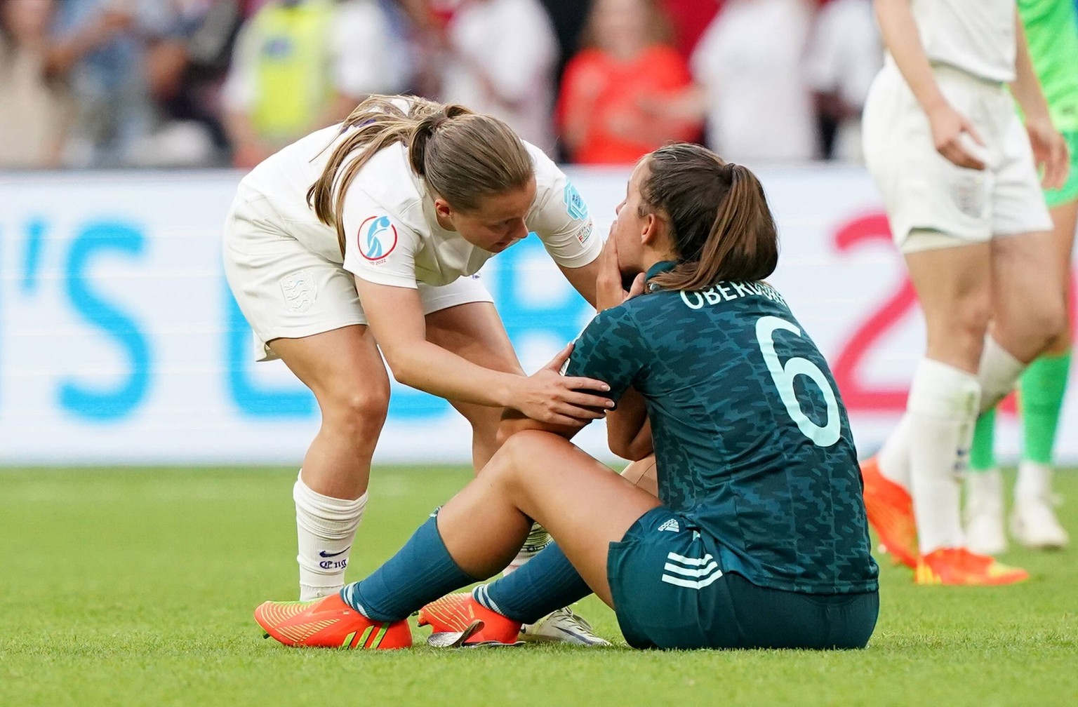 England v Germany - UEFA Women s Euro 2022 - Final - Wembley Stadium England s Fran Kirby (left) consoles Germany s Lena Oberdorf after the UEFA Women s Euro 2022 final at Wembley Stadium, London. Pic ...