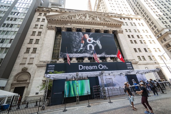 On Holdings IPO at the NYSE The facade of the New York Stock Exchange is decorated for the initial public offering of On Holdings, the sneaker manufacturer, on Wednesday, September 15, 2021. Roger Fed ...