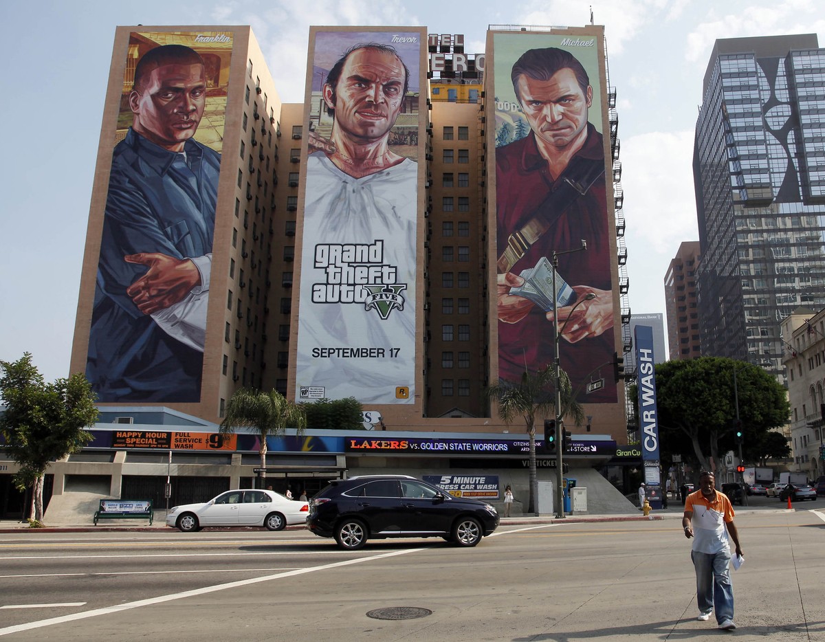 FILE - This Sept. 10, 2013 file photo shows the "Grand Theft Auto V " billboard at Figueroa Hotel in Los Angeles. Target Australia said Wednesday, Dec. 3, 2014, it is removing “Grand Theft A ...
