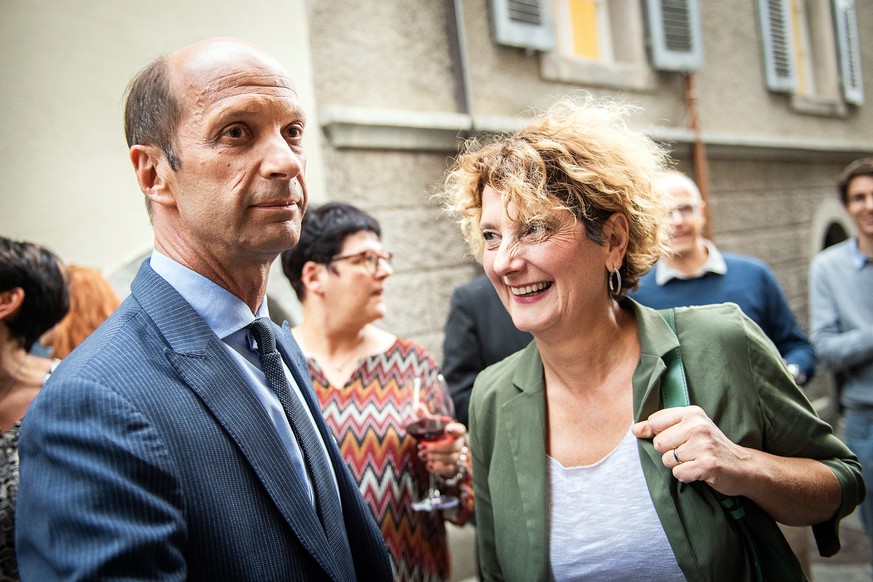 Beat Rieder (PDC), candidat aux Conseil des Etats et Marianne Maret (PDC), candidate aux Conseil des Etats photographies a Sion ce dimanche 20 octobre 2019 lors des elections Federales 2019.(KEYSTONE/ ...