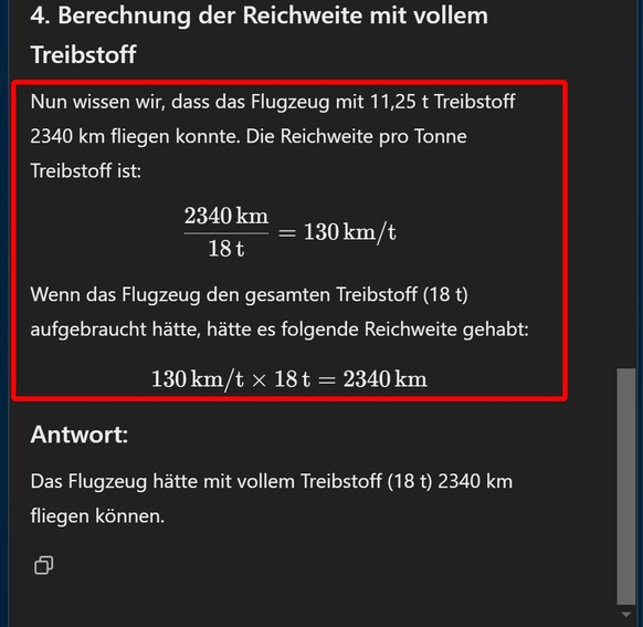 Statt durch 11,25 zu dividieren, teilt ChatGPT durch 18 Tonnen – und rechnet damit im Kreis.