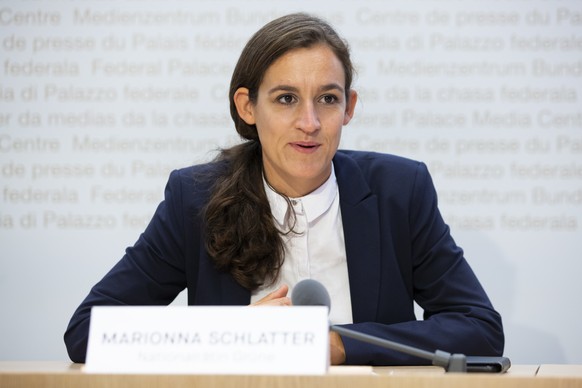 Marionna Schlatter-Schmid, Nationalraetin GP-ZH, spricht waehrend einer Medienkonferenz zur Lancierung der Kampagne &quot;Nein zu den Kampfjet-Milliarden&quot;, am Freitag, 14. August 2020 in Bern. (K ...