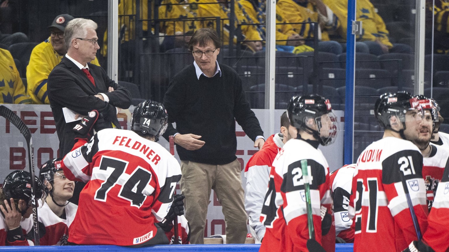 220514 Head coach Roger Bader and assistant coach Arno Del Curto of Austria during the 2022 IIHF Ice hockey, Eishockey World Championship, WM, Weltmeisterschaft game between Sweden and Austria on May  ...