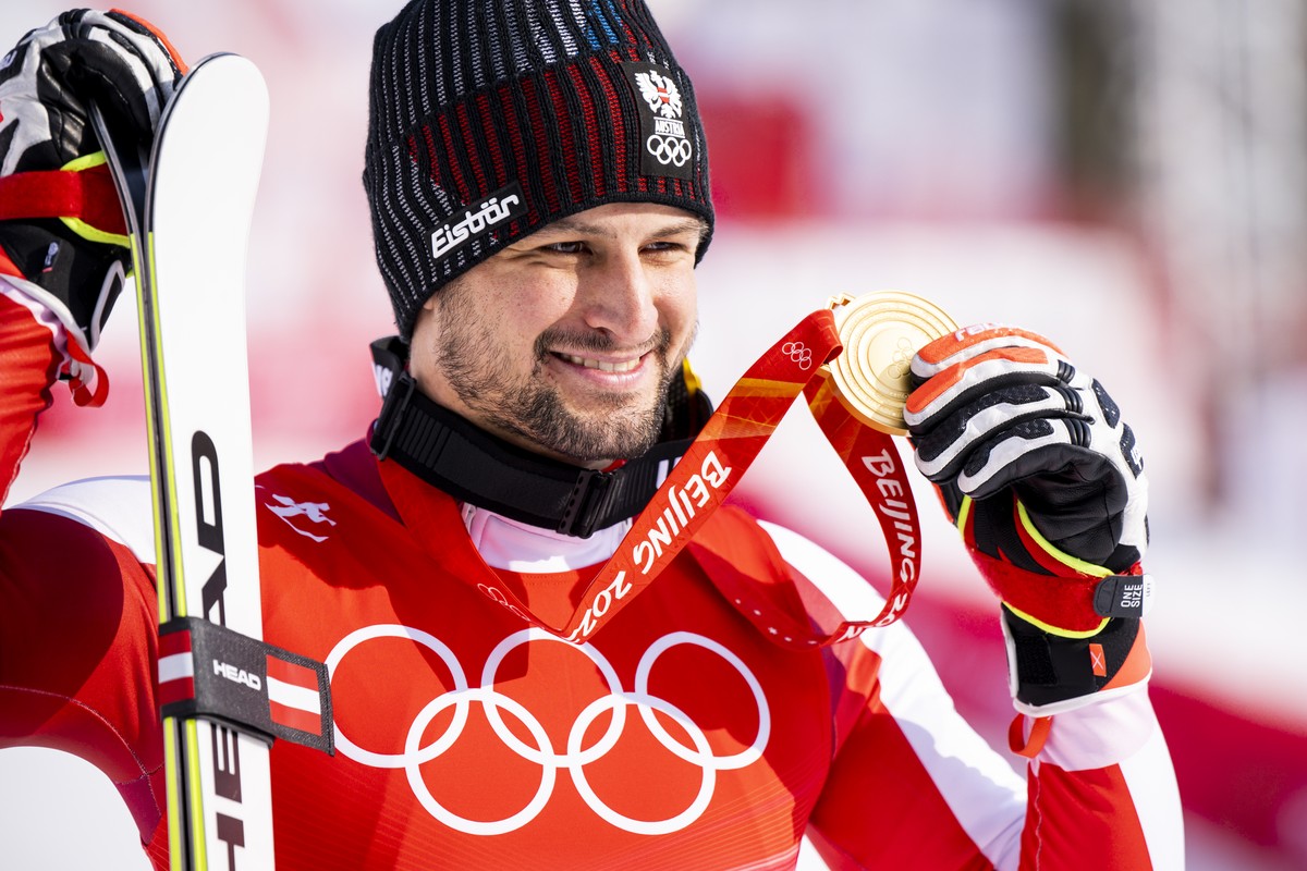Gold medalist Johannes Strolz of Austria celebrates during the victory ceremony of the men's Alpine Skiing Combined Slalom at the 2022 Olympic Winter Games in Yanqing, China, on Thursday, Februar ...