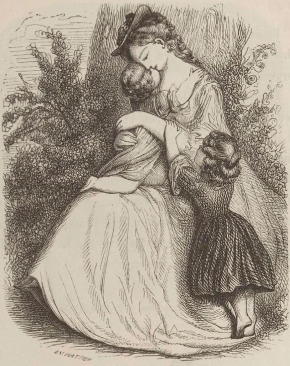 Während der Aufklärung entstand die sogenannte «Mutterliebe», die manche danach sogar als «Mutterinstinkt» zu bezeichnen begannen. Illustration von 1865.
https://commons.wikimedia.org/wiki/File:Desbor ...