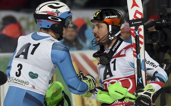 Norway&#039;s Henrik Kristoffersen, left, is congratulated by second placed Austria&#039;s Marcel Hirscher after winning an alpine ski, men&#039;s World Cup slalom, in Schladming, Austria, Tuesday, Ja ...