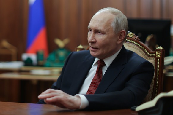 Russian President Vladimir Putin speaks during his interview with Russian journalist Pavel Zarubin at the Kremlin in Moscow, Sunday, June 28, 2026. (Gavriil Grigorov/Sputnik, Kremlin Pool Photo via AP ...
