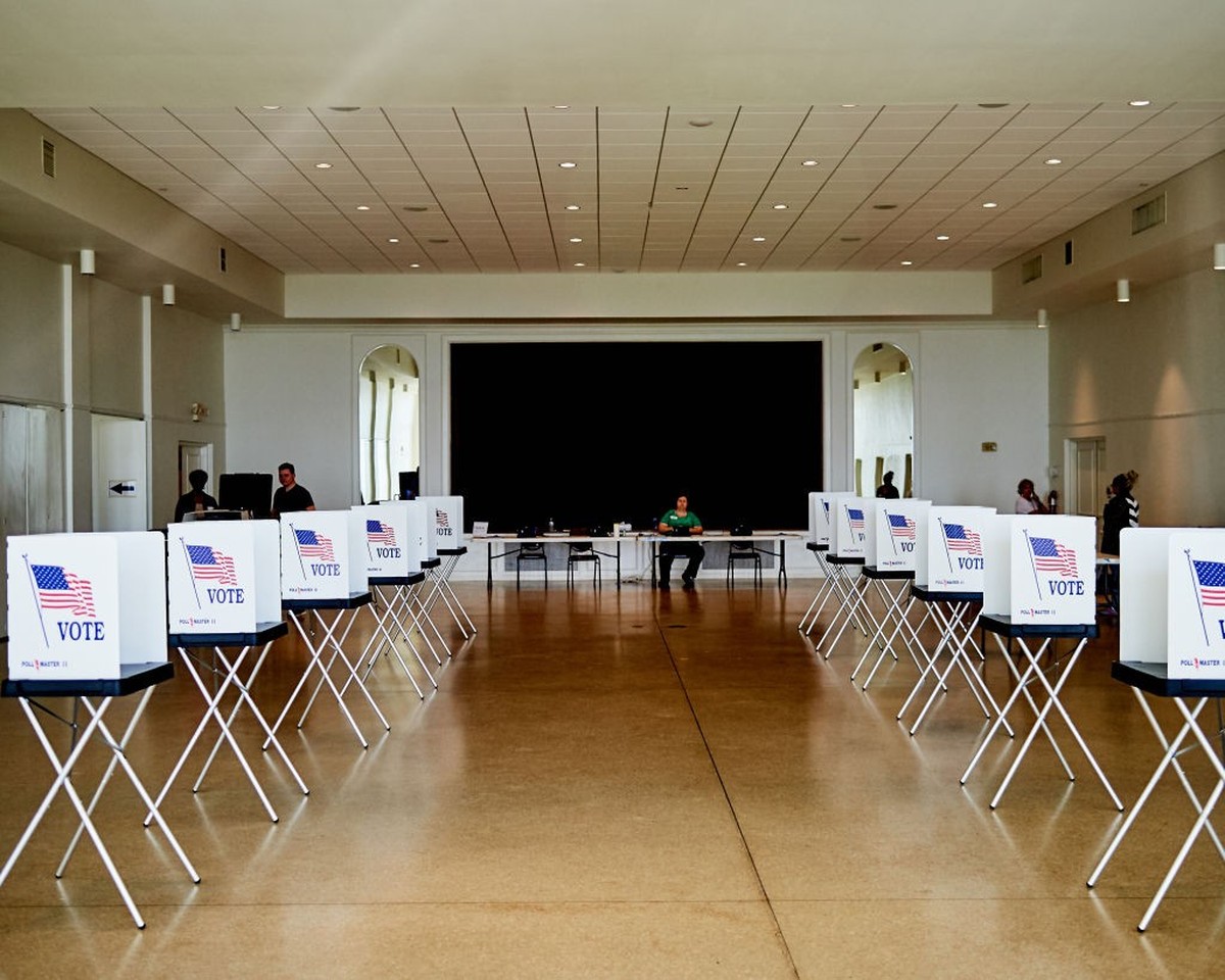 TAMPA FLORIDA MARCH 17: Voting stations are seen empty during Florida's primary election at the Tampa Garden Club voting precinct on Tuesday, March 17, 2020 in Tampa Florida. Polling volunteers s ...