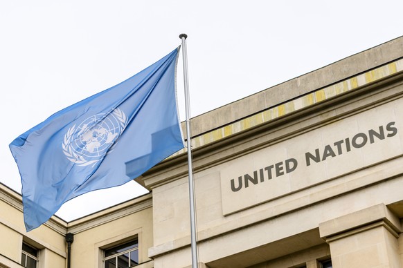 The United Nations (UN) flag is seen flying at The Allee des Nations at the European headquarters of the United Nations in Geneva, Switzerland, Wednesday, March 11, 2026. (KEYSTONE/Salvatore Di Nolfi)