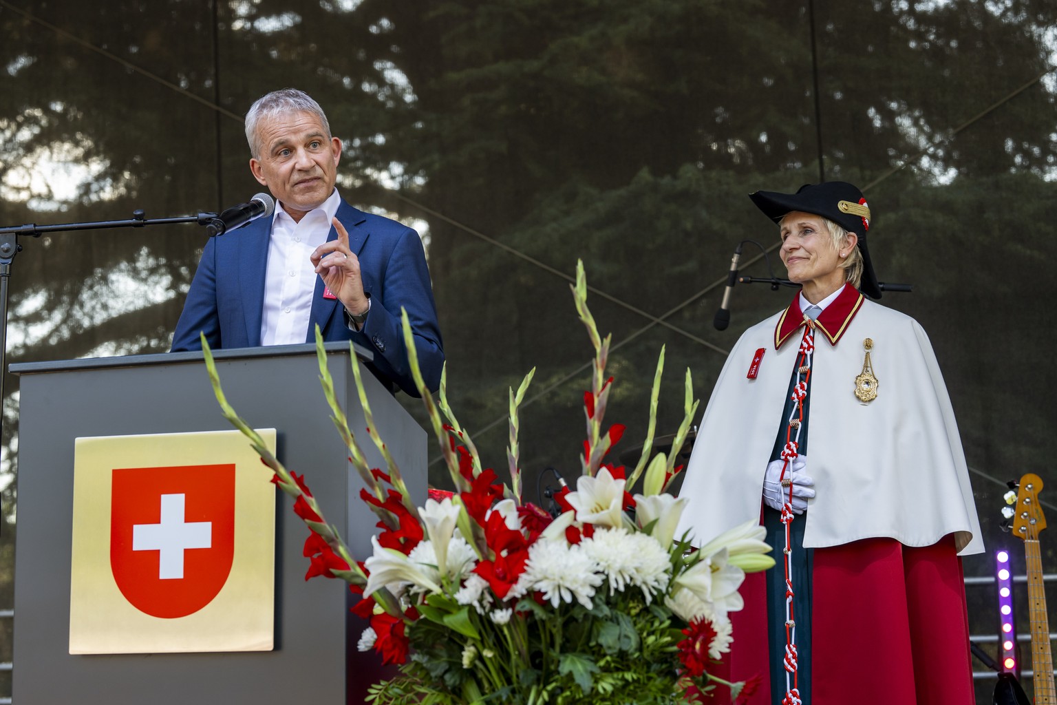 Le Conseiller federal Beat Jans, chef du Departement federal de justice et police, prononce son discours a l'occasion des celebrations de la fete nationale suisse avec les habitants de Geneve, ce ...