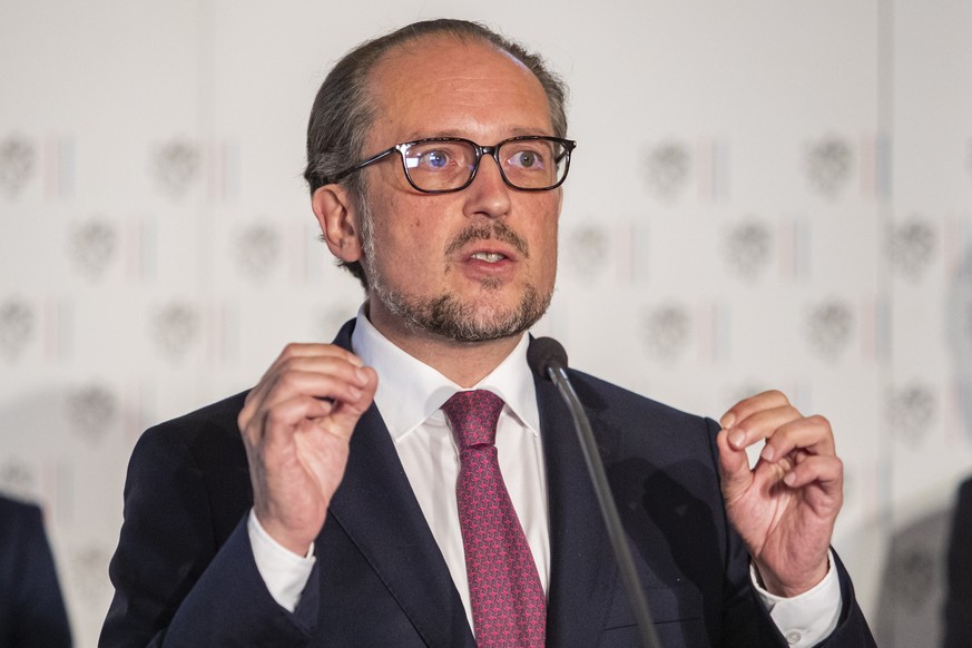 epa09354450 Austrian Foreign Minister Alexander Schallenberg addresses a joint press conference following a meeting of the Central Five (C5) at the Melnik Castle, in Melnik, Czech Republic, 20 July 20 ...