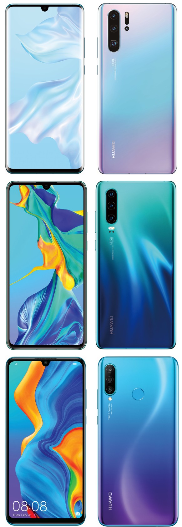 Oben das P30 Pro, in der Mitte das «normale» P30 und unten das kommende Budget-Modell P30 Lite.