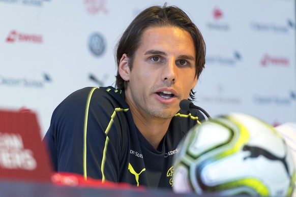 Switzerland&#039;s national soccer team goalkeeper Yann Sommer during a press conference before a training session on the eve of the UEFA Euro 2020 qualifying Group D soccer match between the Switzerl ...