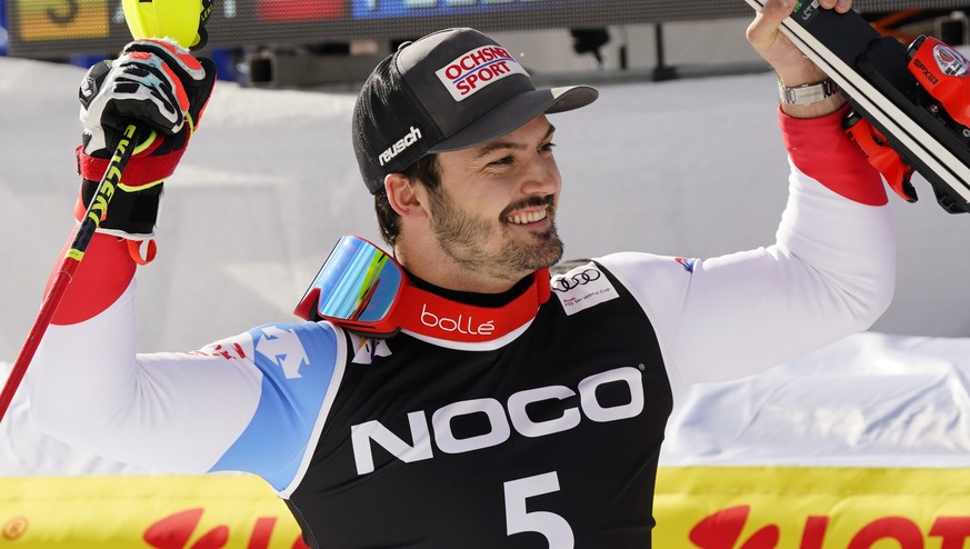 Second placed Switzerland&#039;s Loic Meillard, celebrates after an alpine ski, men&#039;s World Cup slalom race, in Garmisch-Partenkirchen, Germany, Saturday, Feb. 26, 2022. (AP Photo/Marco Tacca)