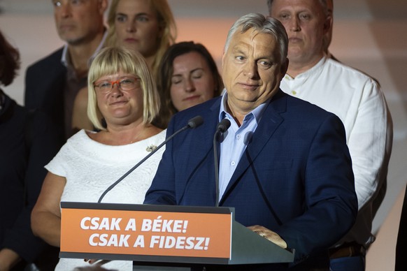 Hungarian Prime Minister Viktor Orban addresses the media after receiving the results of the European Parliamentary elections in Budapest, Hungary, Monday, June 10, 2024. (AP Photo/Denes Erdos)
Viktor ...