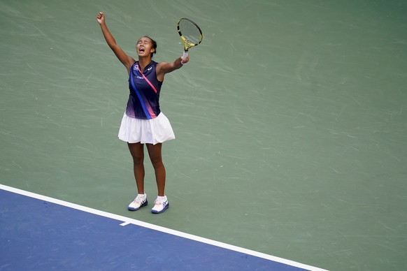 Leylah Fernandez, of Canada, reacts after defeating Elina Svitolina, of Ukraine, during the quarterfinals of the US Open tennis championships, Tuesday, Sept. 7, 2021, in New York. (AP Photo/Frank Fran ...