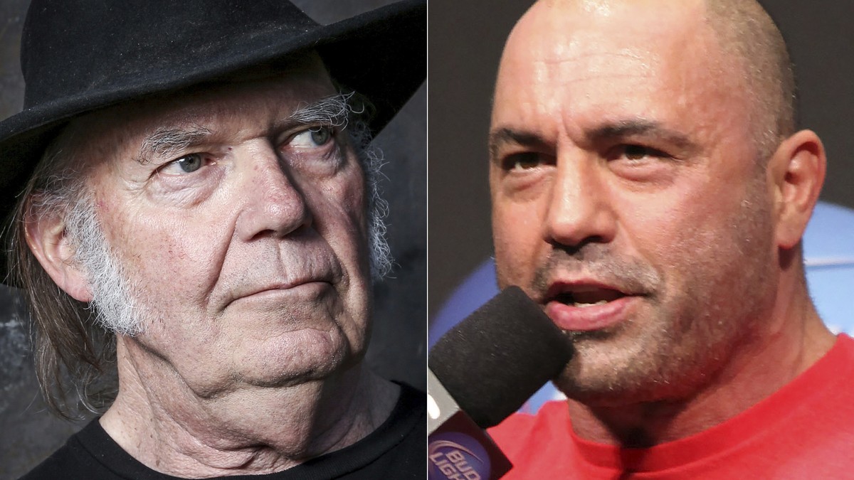 This combination photo shows Neil Young in Calabasas, Calif., on May 18, 2016, left, and UFC announcer and podcaster Joe Rogan before a UFC on FOX 5 event in Seattle on Dec. 7, 2012. Young fired off a ...