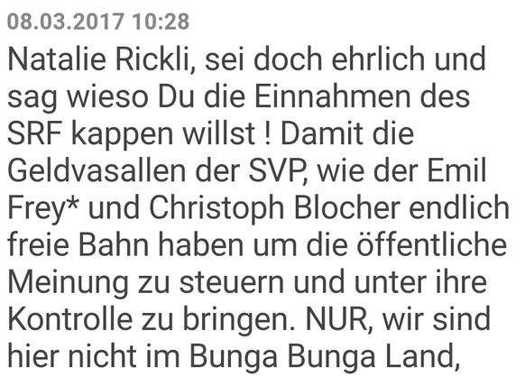 Brisantes E-Mail aufgetaucht – finanzierte Walter Frey (SVP) «No Billag»?
Walter Frey, 
Sie wirken immer wie ein verschupftes Kind, dabei haben Sie es faustdick hinter den Ohren. 
Ich habe gestern a ...