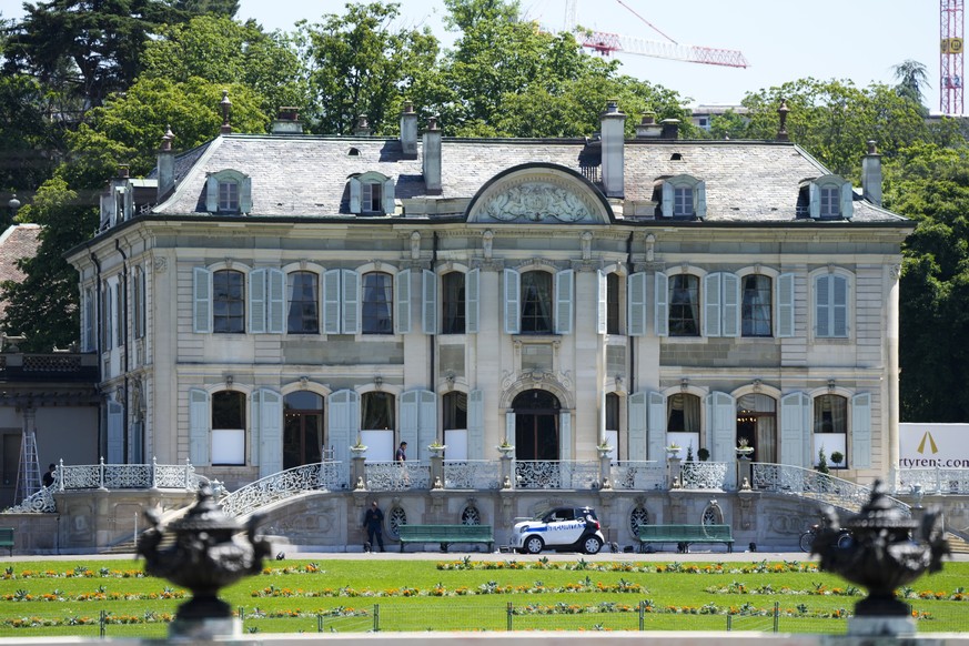 Security car stands in front of the 'Villa la Grange' in Geneva, Switzerland Monday, June 14, 2021. The 'Villa La Grange' is the venue for the meeting between US President Joe Bide ...
