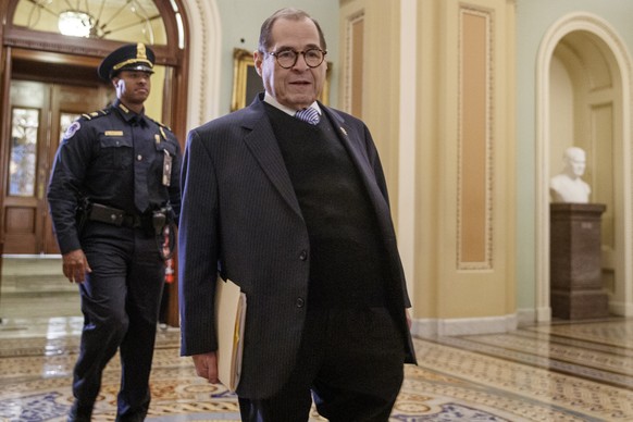 epa08149760 House impeachment manager Jerry Nadler (R) leaves the Senate floor following the first full day of the impeachment trial at the US Capitol in Washington, DC, 21 January 2020. The first ful ...
