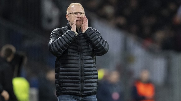 Basel&#039;s Headcoach Heiko Vogel reacts during the UEFA Conference League soccer match between Switzerland&#039;s FC Basel 1893 and OGC Nice of France at the St. Jakob-Park stadium in Basel, Switzer ...