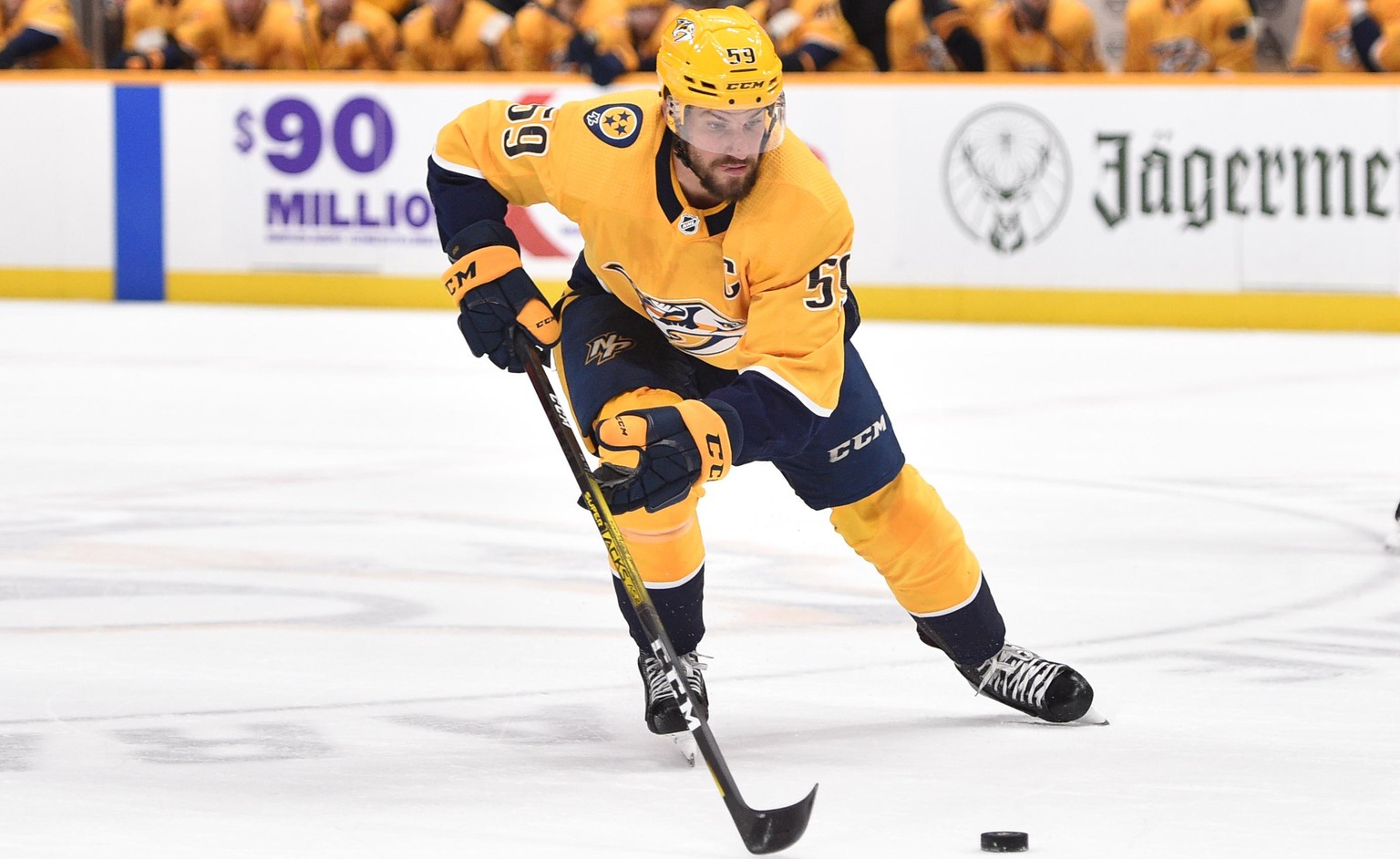 November 21, 2019 Nashville Predators defenseman Roman Josi 59 skates against the Vancouver Canucks during the first period between the Vancouver Canucks and the Nashville Predators at Bridgestone Are ...