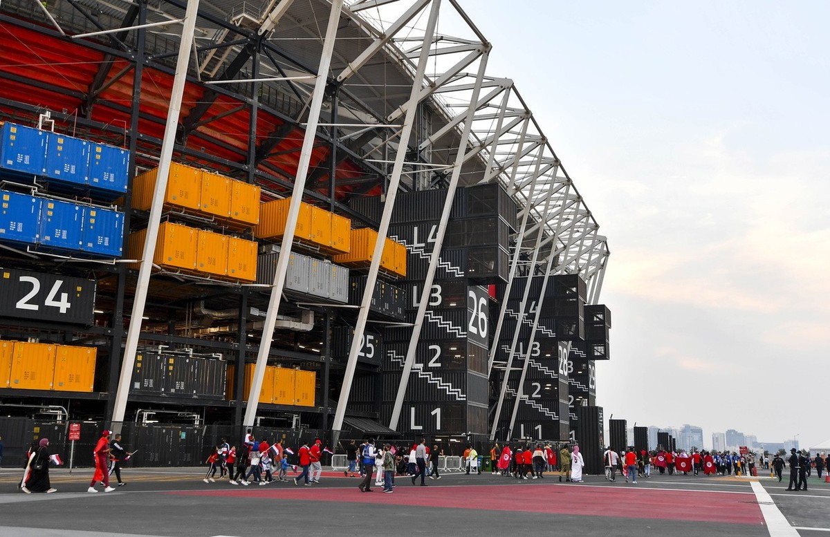 epa10253918 Photo taken 15 December 2021 of the Stadium 974 in Doha before the FIFA Arab Cup semi final match between Tunisia and Egypt. The 40,000- seater venue will host 6 group stage matches and on ...