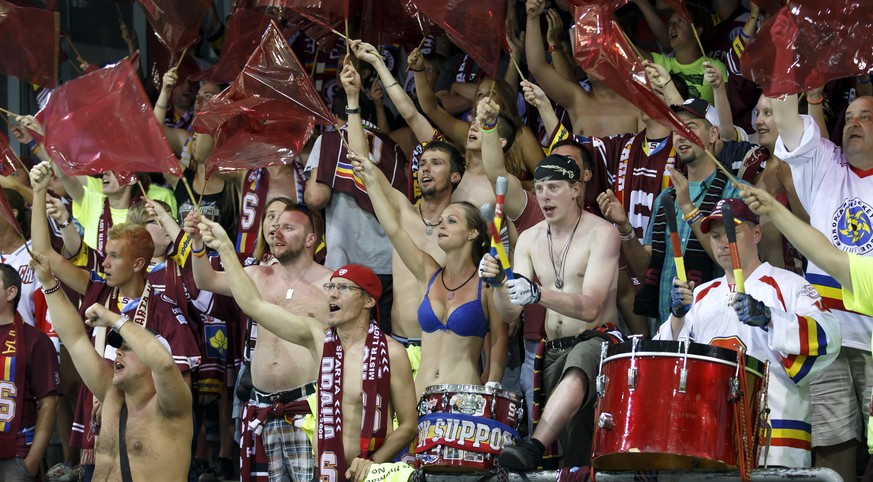 Sparta&#039;s supporters cheer for their team, during the Champions Hockey League Group M preliminary round ice hockey game between Switzerland&#039;s Geneve Servette HC and Czech&#039;s HC Sparta Pra ...